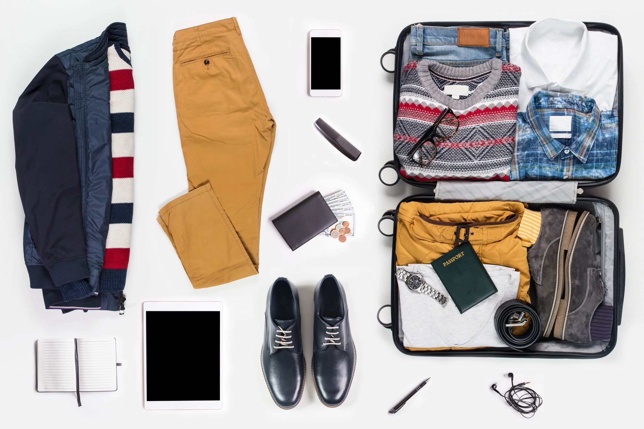Menswear accessories flat lay for size reference