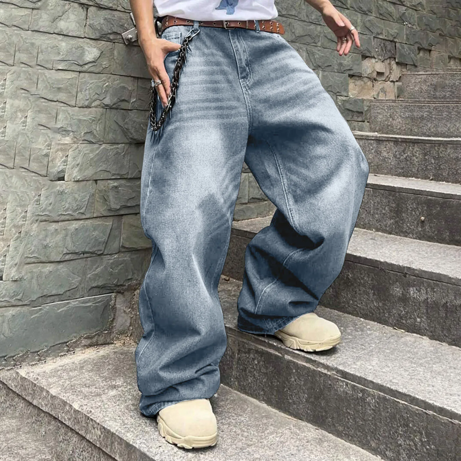 Men Baggy Denim Pants Wide Leg High Waist Belt Casual Trousers Loose Plus Size Stylish Streetwear Men's Hip Hop Streetwear - Image 2