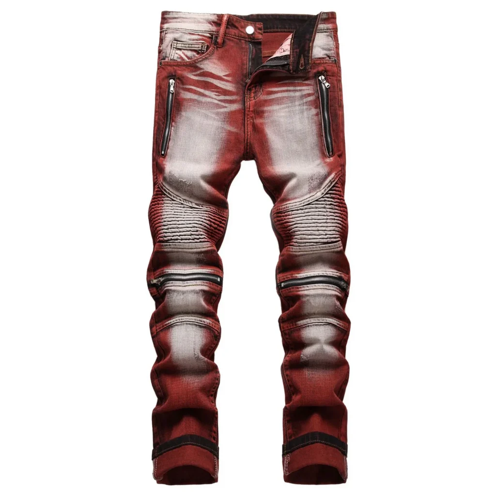 New Motorcycle Style Stretch Hole Beggar Street Tie Dye Gradient Color Personality Fashion Denim Business Stretch Men'S Jeans