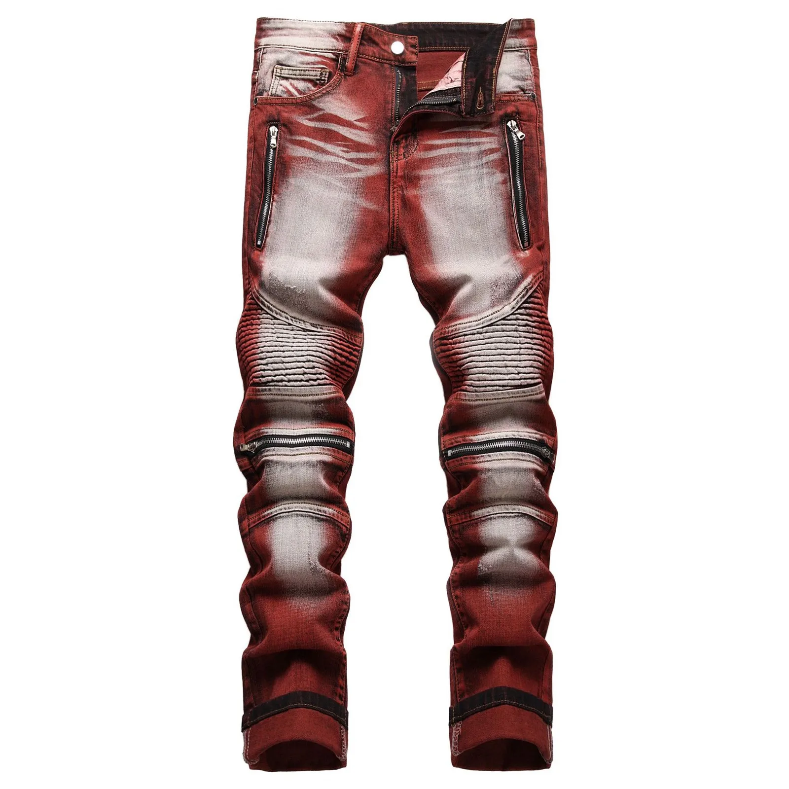 New Motorcycle Style Stretch Hole Beggar Street Tie Dye Gradient Color Personality Fashion Denim Business Stretch Men'S Jeans