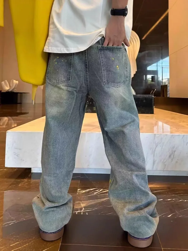 Light Blue Jacquard Streetwear Jeans for Men & Women - Straight Flared Pants with Elastic Waistband, Machine Washable, All-Seaso - Image 3