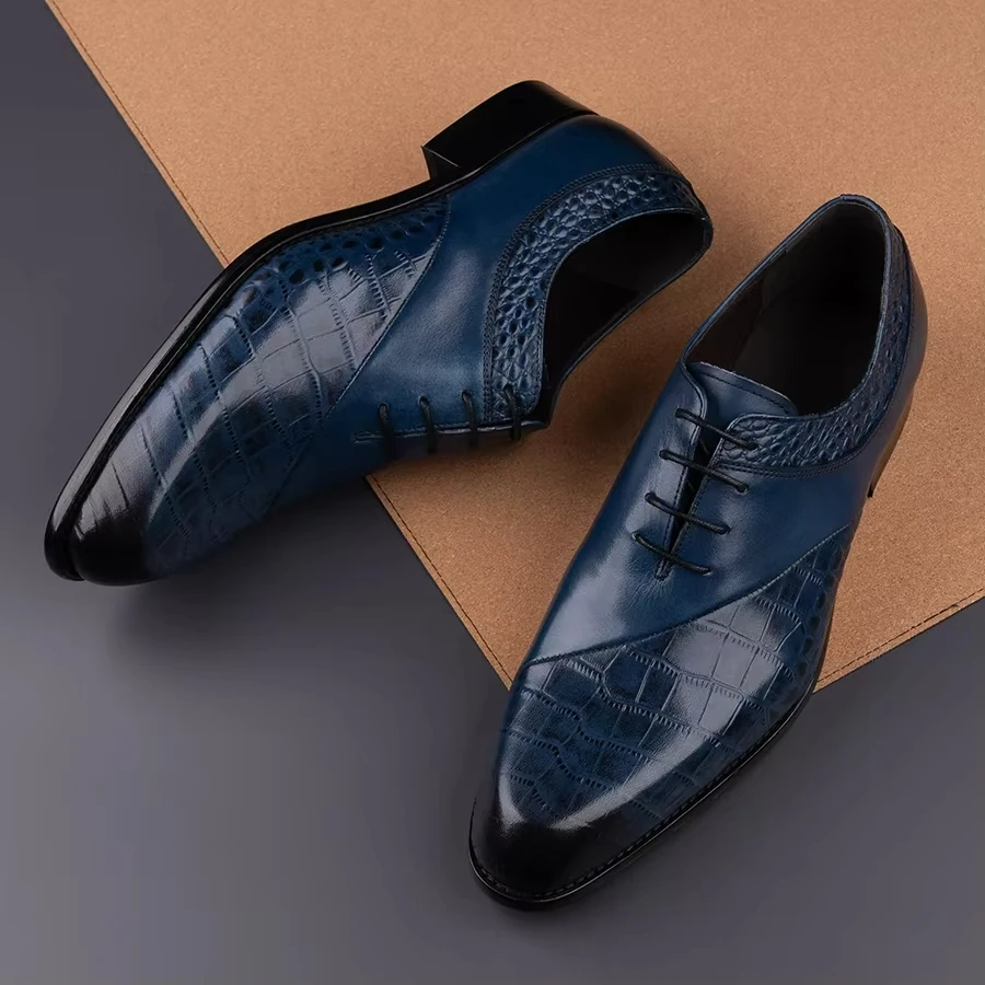 New Style Oxfords Men Shoes Top Layer Cowhide Leather Handmade Luxury Retro Blue Designer Business Office Wedding Male's Shoe CN - Image 5