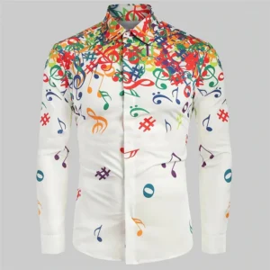 Casual Slim Fit Street Music Note Printed Shirts Black Lapel Button Men's Long Sleeve Shirt Fashion And Simple Men's Clothing