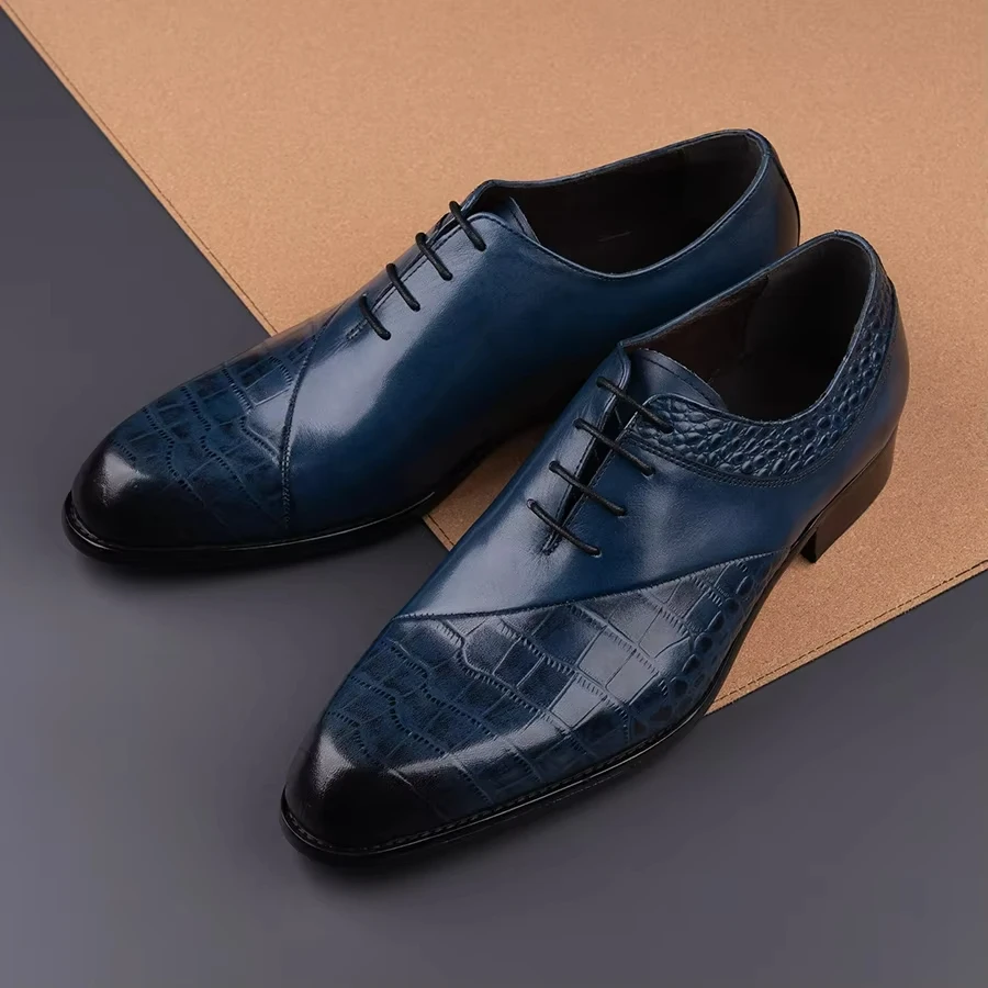 New Style Oxfords Men Shoes Top Layer Cowhide Leather Handmade Luxury Retro Blue Designer Business Office Wedding Male's Shoe CN - Image 4