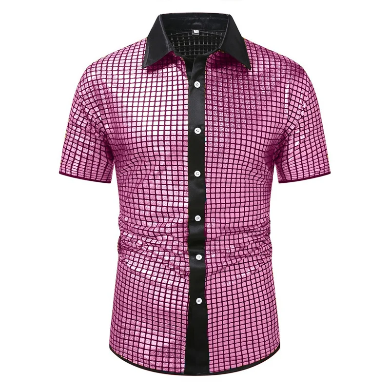 Summer New Men Short Sleeve Sequin Shirt Gold / Silver / Red Fashion Men Dance Party Bar KTV Luxury Casual Shirts - Image 3