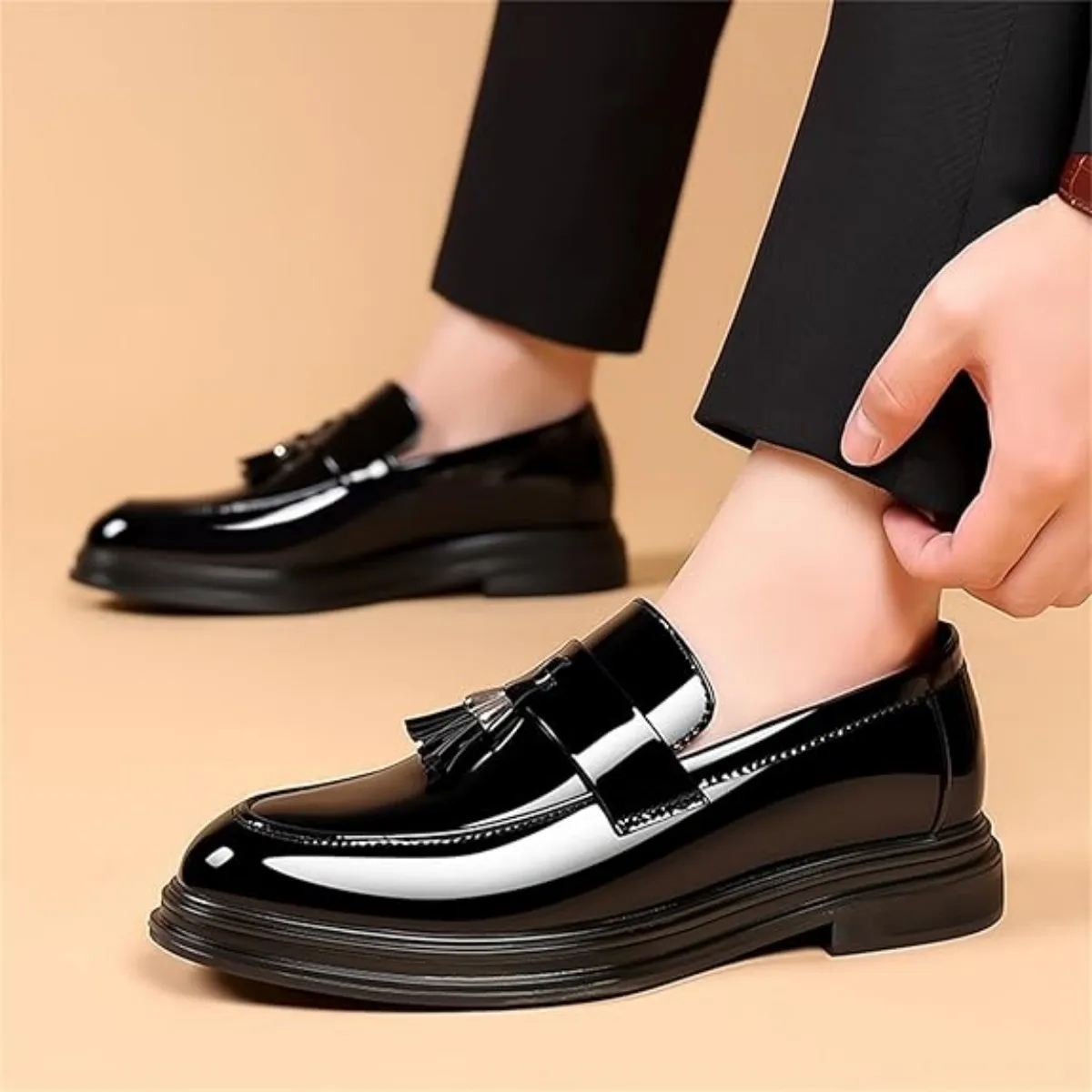 Men's Tassels High Gloss Patent Penny Loafers Fashion Formal Business Casual Oxford Slip On Dress Shoes Shoe for Men - Image 3