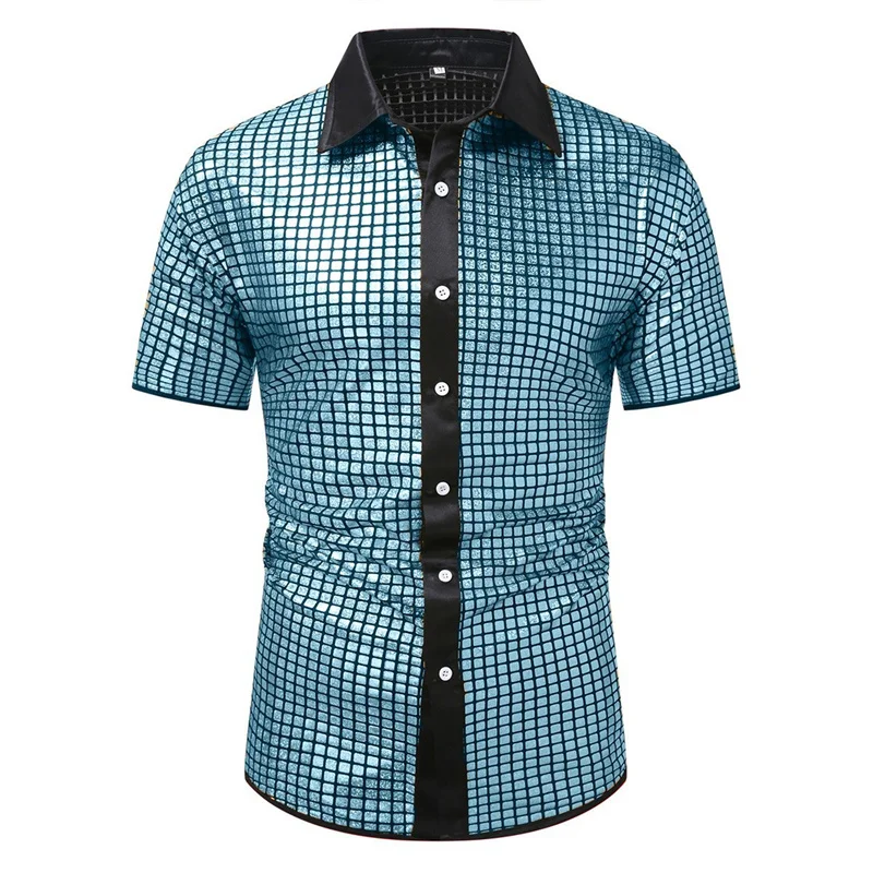 Summer New Men Short Sleeve Sequin Shirt Gold / Silver / Red Fashion Men Dance Party Bar KTV Luxury Casual Shirts - Image 5