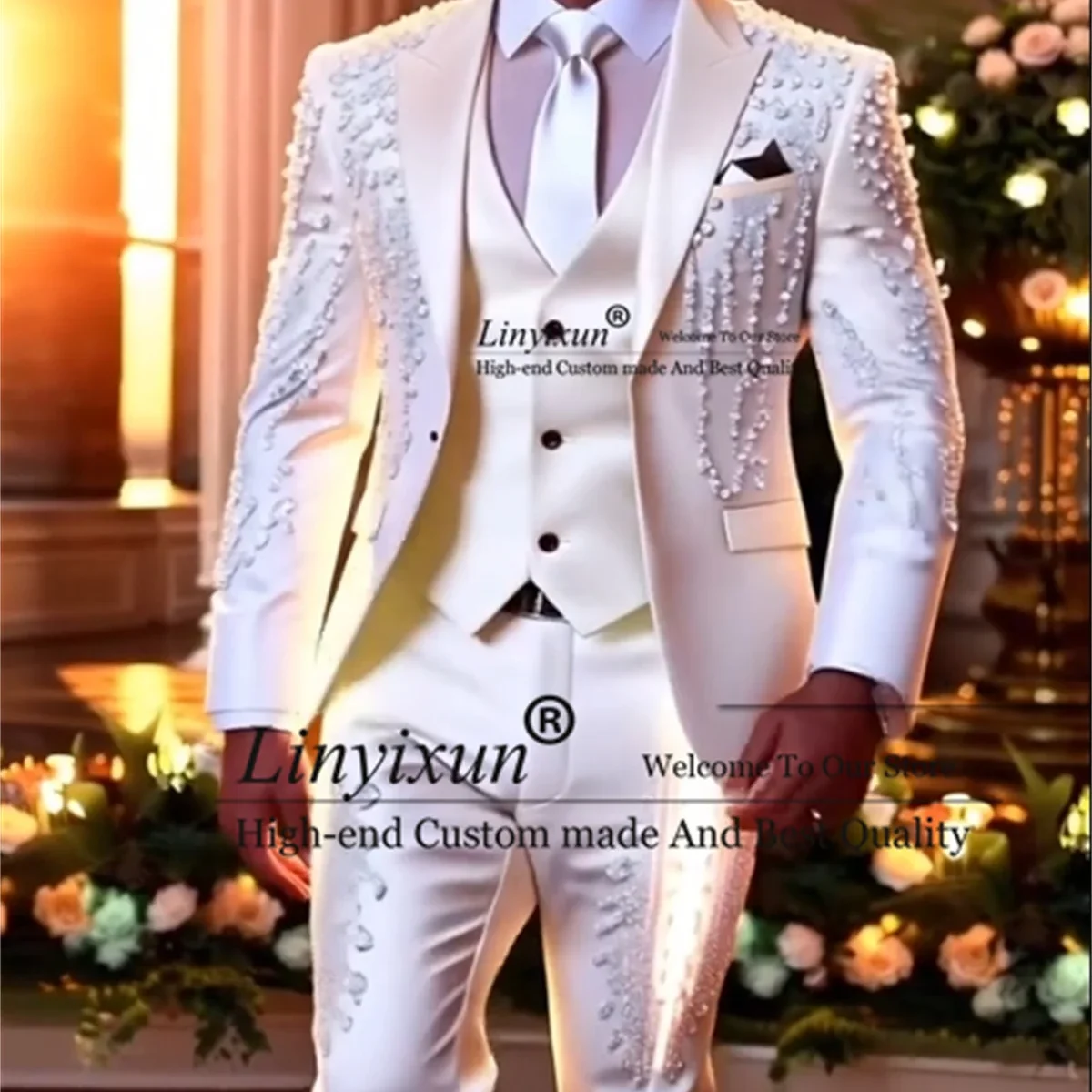 Glitter Crystals Beaded Men Suits Customized 3 Pieces Sets Groom Tuxedos Slim Fit Peaked Lapel Wedding Male Prom Party Blazers