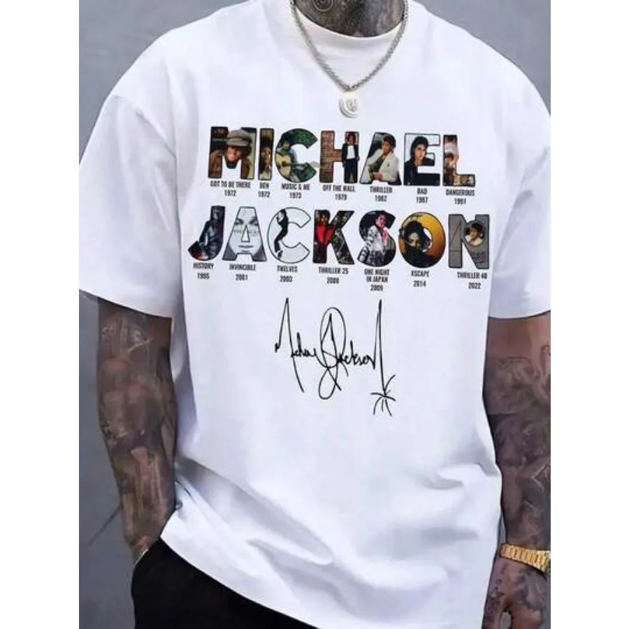 【New Arrival】Michael Jackson Discography T-Shirt, White Cotton Crew Neck, Career Album Covers & Signature Graphic Tee for Fans - Image 7