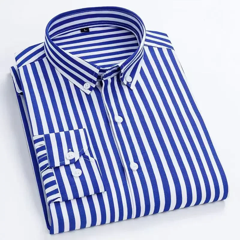 New Men's Stretch Anti-Wrinkle Striped Shirt, Formal Business Dress Shirt for Man Long Sleeve Slim Fit Casual Plaid Shirts S-5XL - Image 16