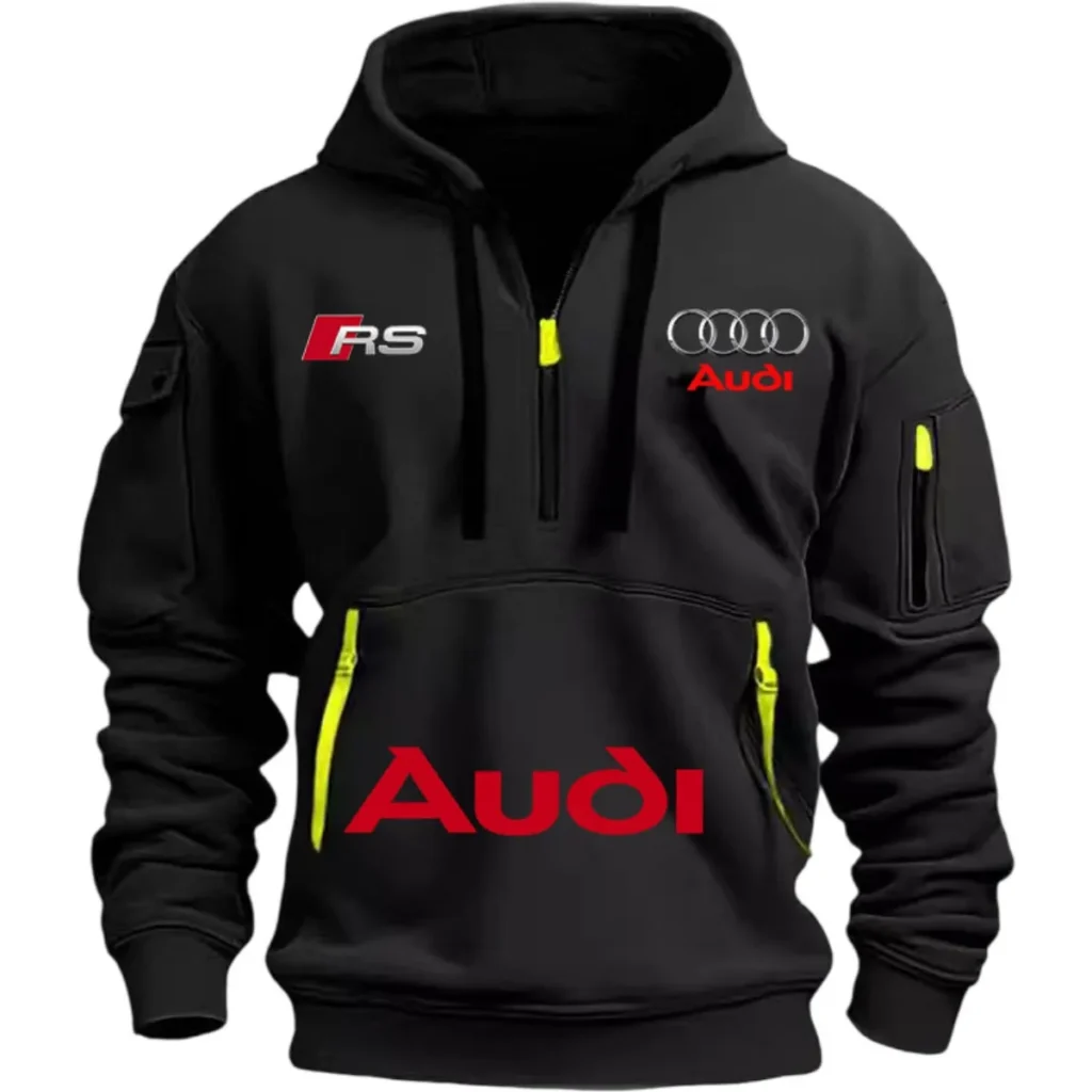 Sporty Audi clothing suitable for men, outdoor sports-style cycling suits, street-printed hooded sweatshirts with brims, featuri