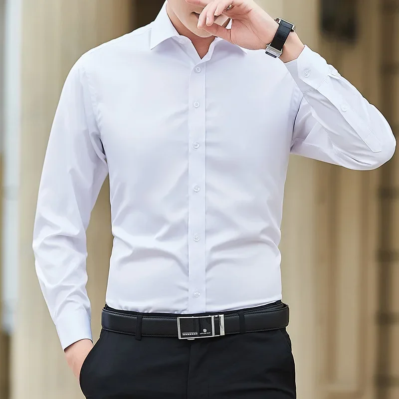 New Plus Size 8XL Men Solid Color Business Shirt Long Sleeve Shirt Fashion Classic Basic Casual Slim White Spring Autumn - Image 7