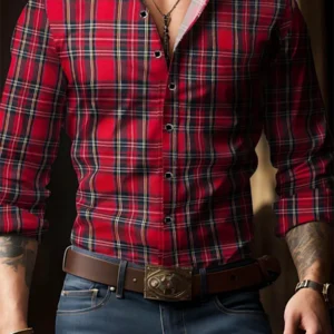 Men's retro red plaid long-sleeved shirt, casual lapel, versatile and trendy for everyday wear and commuting, sizes S-6XL.