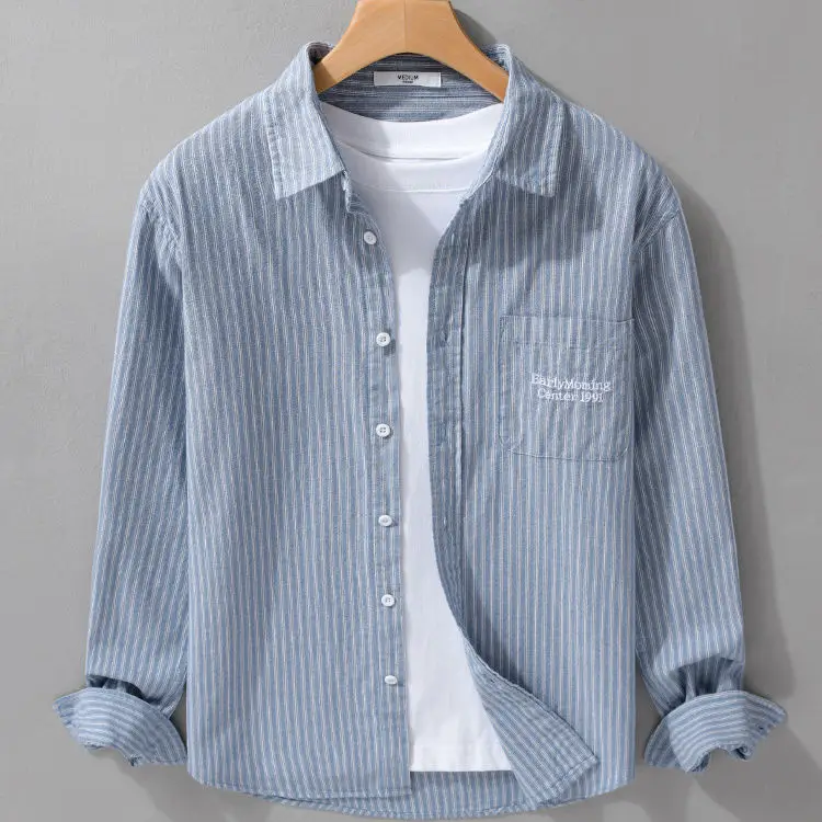 Japanese Loose Striped Long-sleeved Shirt Men's Versatile Simple Casual and Fashionable Cardigan