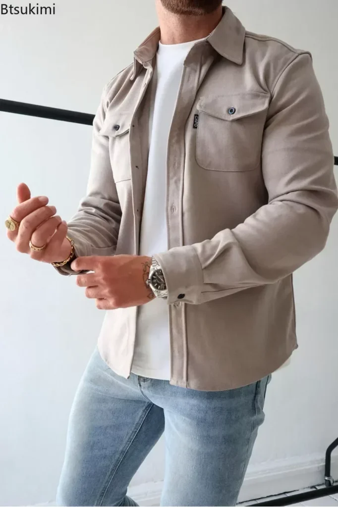 New 2026 Men's Casual Shirt Jackets Autumn Winter Man Long Sleeve Lapel Outerwear Men's Single-Breasted Solid Pocket Coats Male