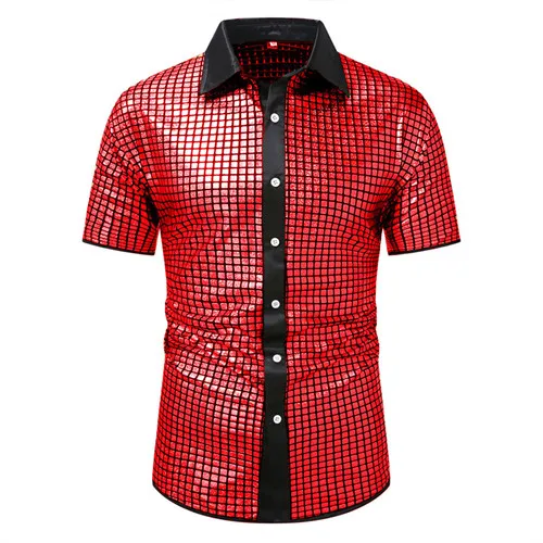 Summer New Men Short Sleeve Sequin Shirt Gold / Silver / Red Fashion Men Dance Party Bar KTV Luxury Casual Shirts - Image 8
