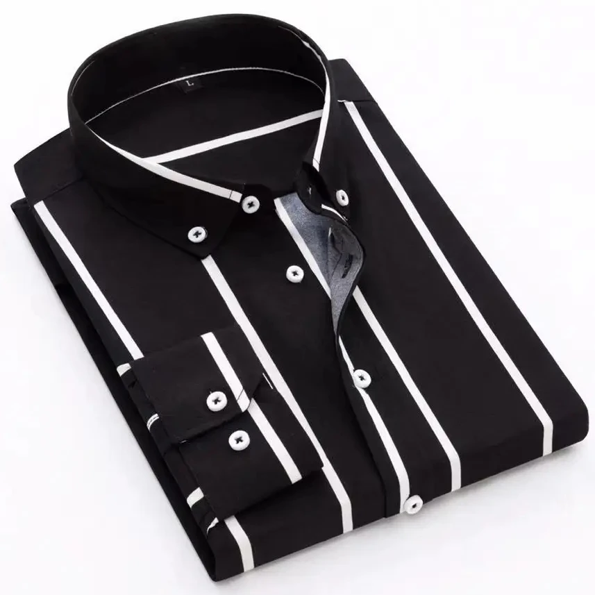 Men's Striped Shirt Long Sleeve All-Match Slim Fit Korean Fashion Black Blue Print Shirts Non-iron Casual Business Dress Shirts