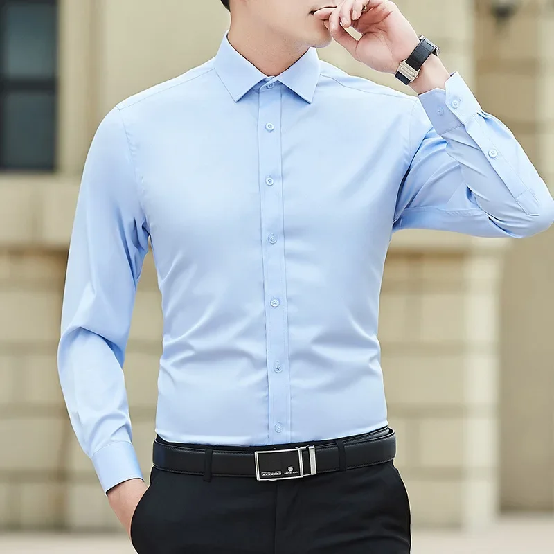 New Plus Size 8XL Men Solid Color Business Shirt Long Sleeve Shirt Fashion Classic Basic Casual Slim White Spring Autumn - Image 8
