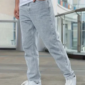 Men's Classic Straight-Leg Denim Jeans - Casual Style, Non-Stretch, Machine Washable, Solid Light Blue, Cotton/Polyester Blend,