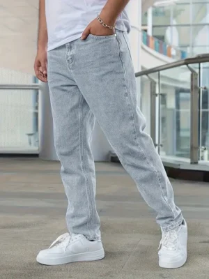 Men's Classic Straight-Leg Denim Jeans - Casual Style, Non-Stretch, Machine Washable, Solid Light Blue, Cotton/Polyester Blend,