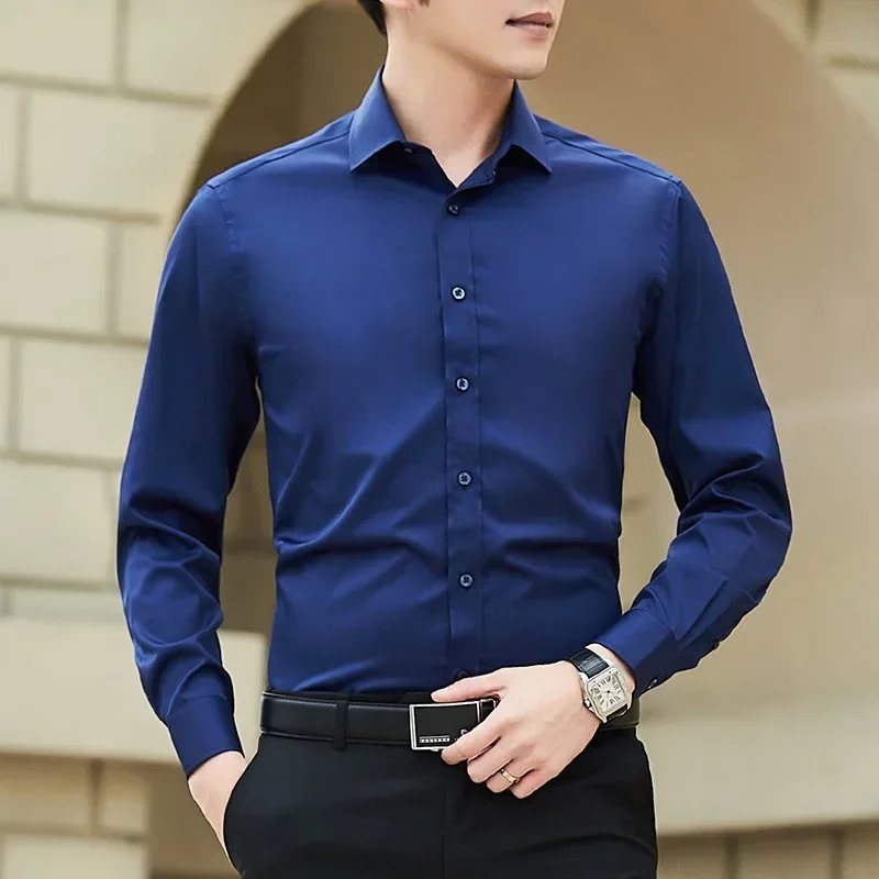 New Plus Size 8XL Men Solid Color Business Shirt Long Sleeve Shirt Fashion Classic Basic Casual Slim White Spring Autumn - Image 2
