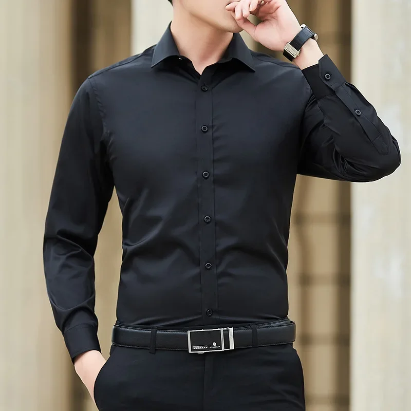 New Plus Size 8XL Men Solid Color Business Shirt Long Sleeve Shirt Fashion Classic Basic Casual Slim White Spring Autumn - Image 9