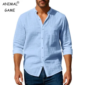 New Men's Long Sleeve Stand Collar Shirts Cotton Men's Casual T-Shirt Casual Regular Fit Breathable Streetwear Lightweight Tops