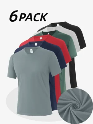 6-Pack Men's Breathable Polyester Crew Neck T-Shirts - Lightweight, Moisture-Wicking Short Sleeve Tops in Multiple Colors for Casual Wear and Outdoor Activities