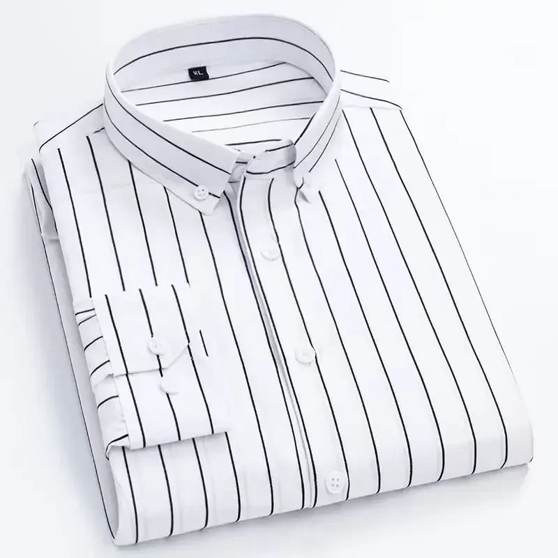 New Men's Stretch Anti-Wrinkle Striped Shirt, Formal Business Dress Shirt for Man Long Sleeve Slim Fit Casual Plaid Shirts S-5XL - Image 7