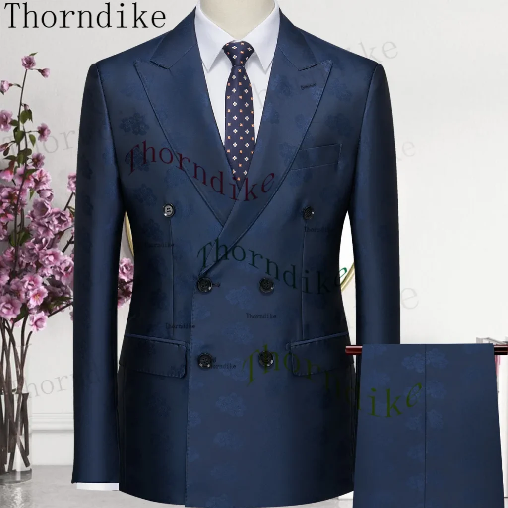 Thorndike Terno Men's Custom Made Bright Navy Blue Blazer Casual 2-Piece Suit for Wedding Prom Groomsmen Tuxedos - Double Breasted