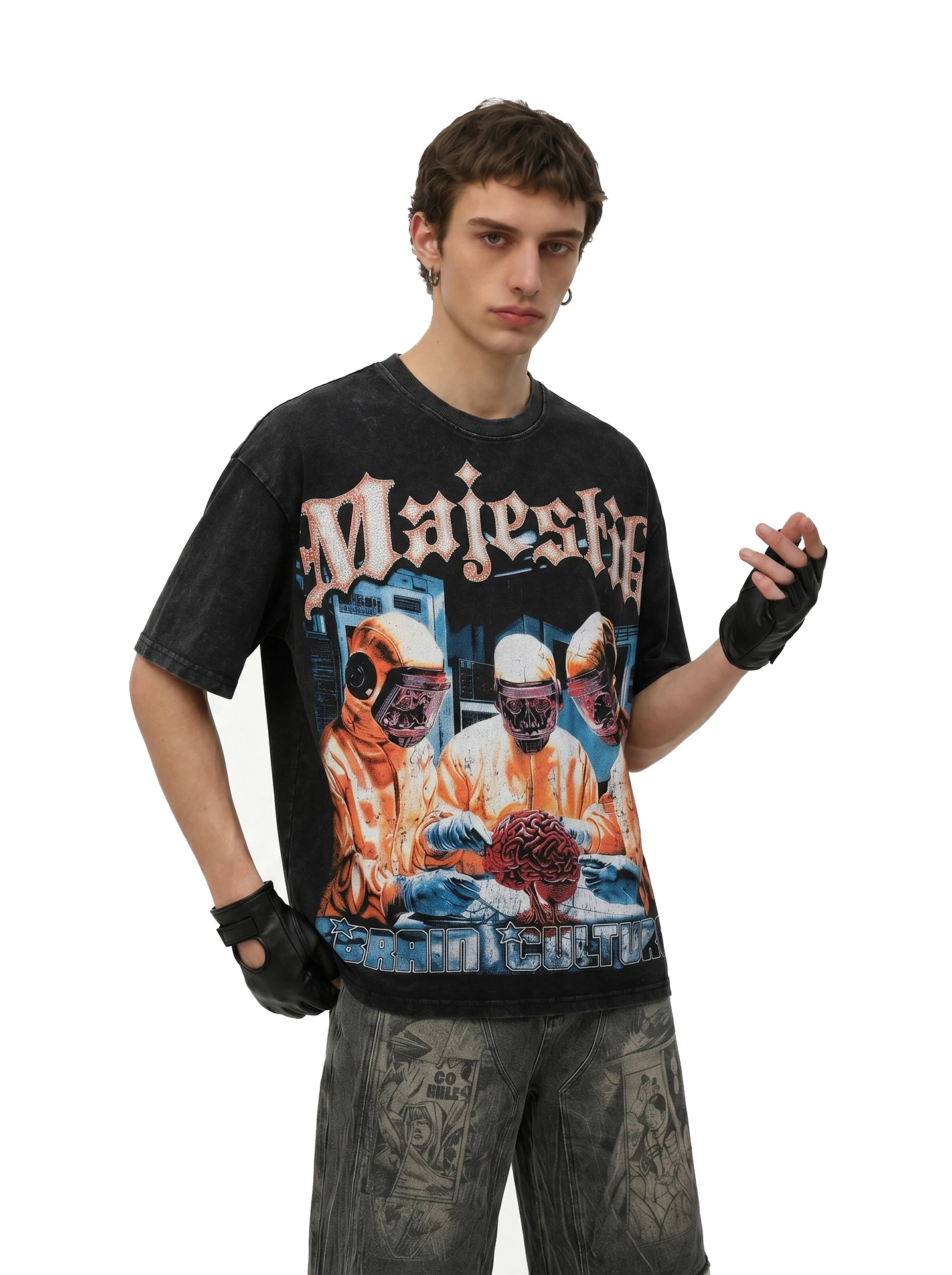 BETEBULE American High Street Printed Rhinestone Short Sleeve Men's T-shirt Summer Trendy Loose Heavy Half Sleeve Top - Image 2