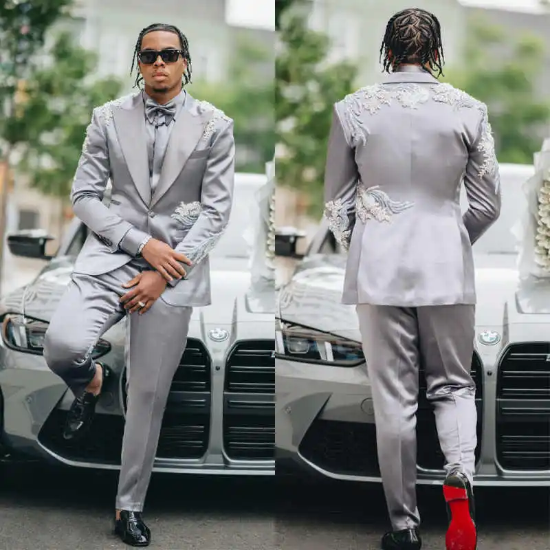 Customized Appliques Suits For Men Silver Classic Fit Big Lapel Blazer Prom Party Jacket Pants Groom Wedding Tuxedos 2 Pieces