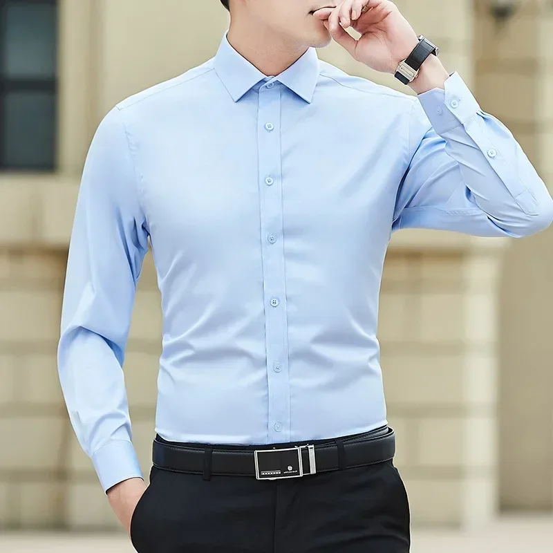 New Plus Size 8XL Men Solid Color Business Shirt Long Sleeve Shirt Fashion Classic Basic Casual Slim White Spring Autumn - Image 4
