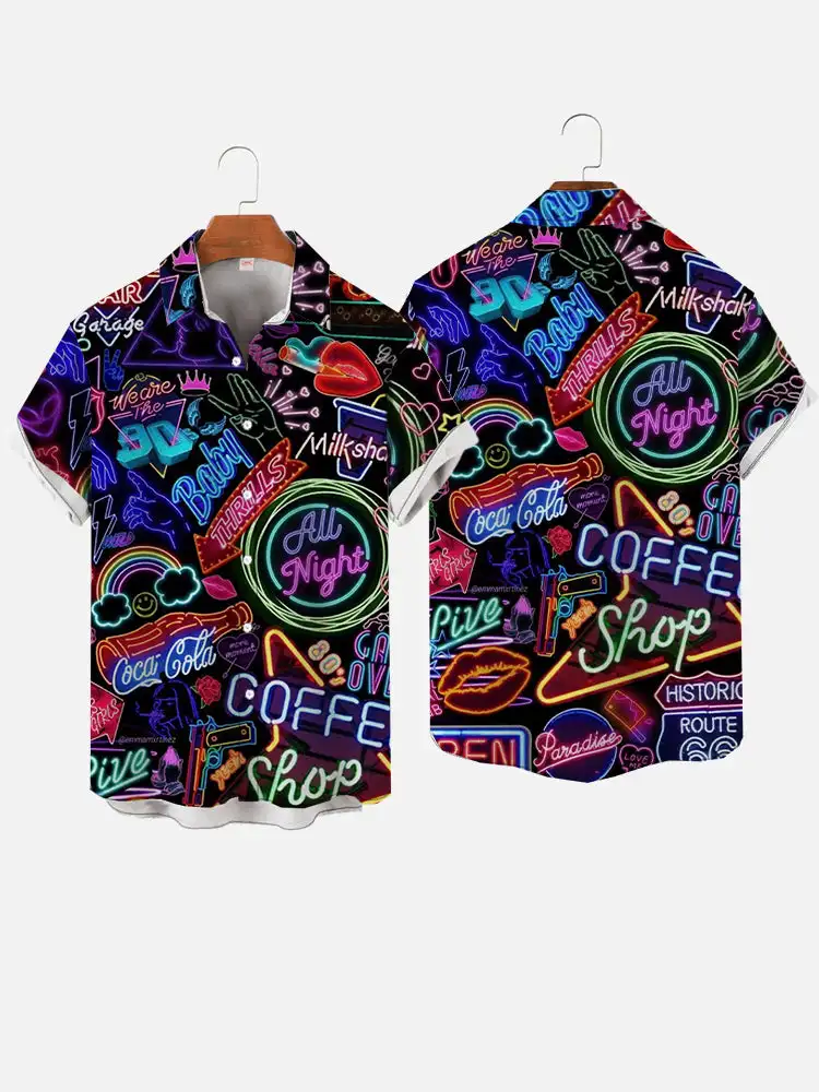 Men's Neon Pattern Printed Shirts Men's Fashion Casual Shirt Comfortable Beach Short Sleeved Shirt Men's Single Breasted Shirts - Image 9