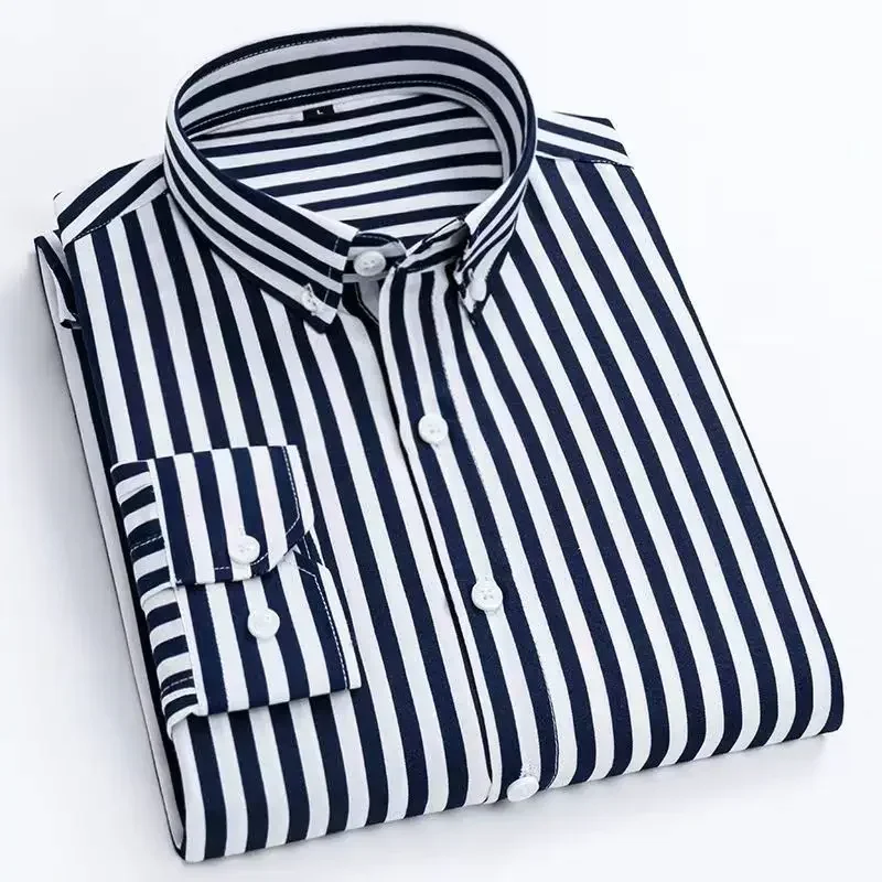 New Men's Stretch Anti-Wrinkle Striped Shirt, Formal Business Dress Shirt for Man Long Sleeve Slim Fit Casual Plaid Shirts S-5XL - Image 10