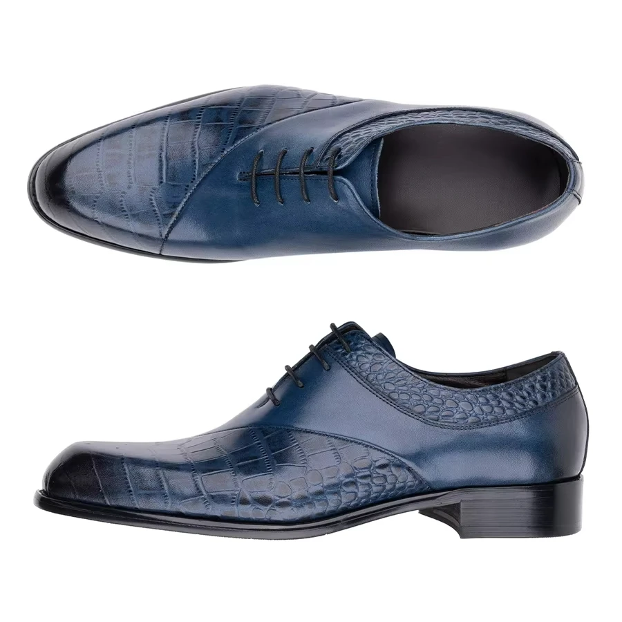 New Style Oxfords Men Shoes Top Layer Cowhide Leather Handmade Luxury Retro Blue Designer Business Office Wedding Male's Shoe CN