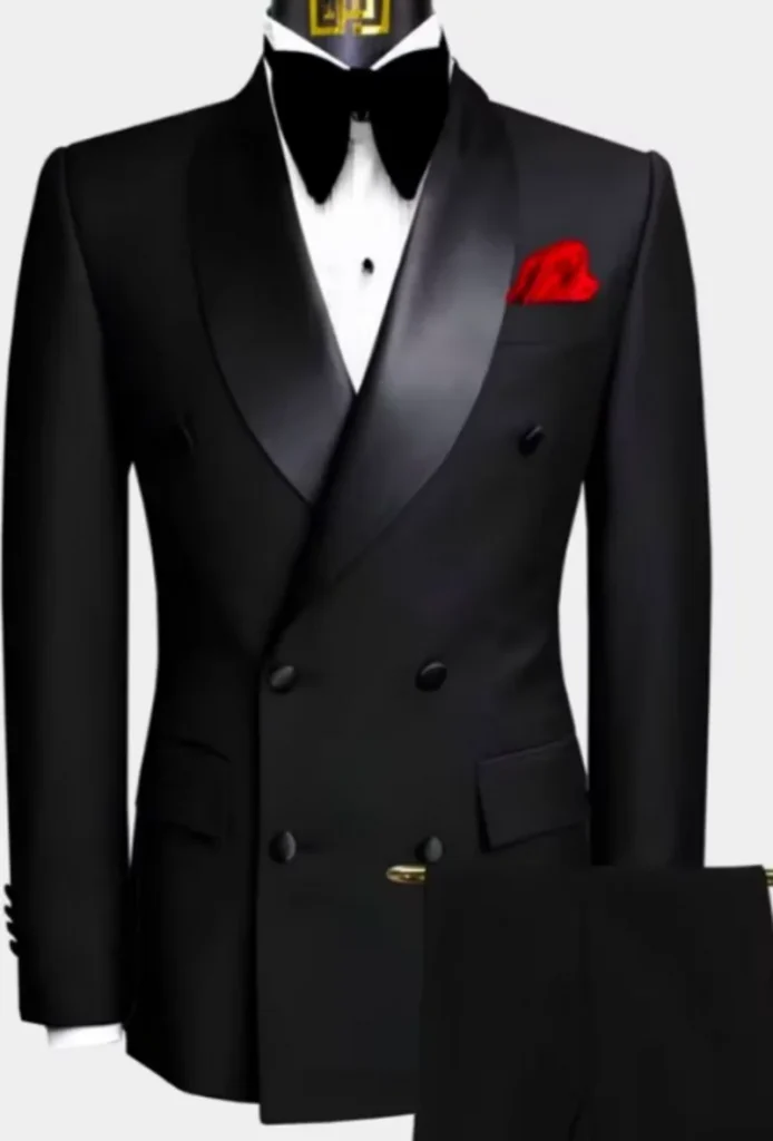 Double Breasted Groomsmen Black Tuxedos Shawl Satin Lapel Men Suits Wedding 2 Piceces ( Jacket + Pants + Bow Tie ) D535