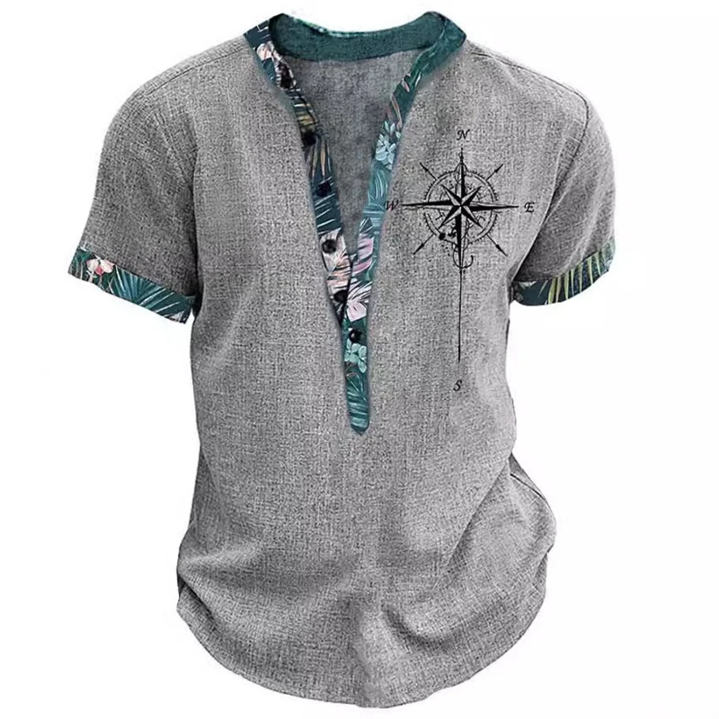 Summer 3D Printed Henry Short Sleeve Shirt Men's Fashion Street Clothing Button Short Sleeve Men's Top - Image 3