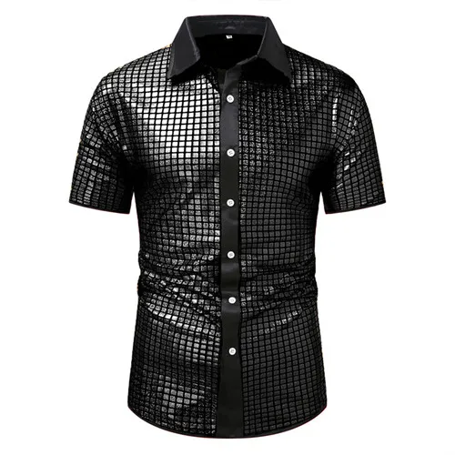 Summer New Men Short Sleeve Sequin Shirt Gold / Silver / Red Fashion Men Dance Party Bar KTV Luxury Casual Shirts - Image 9