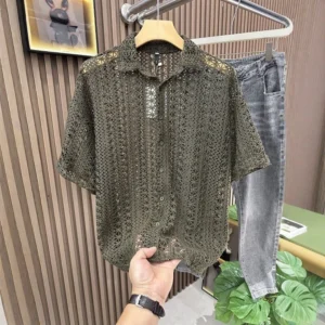 Men's Knitted Hollow Short-Sleeved Shirt American Retro Fashion Trend Simple Loose Breathable Vacation Summer New Men's Tops