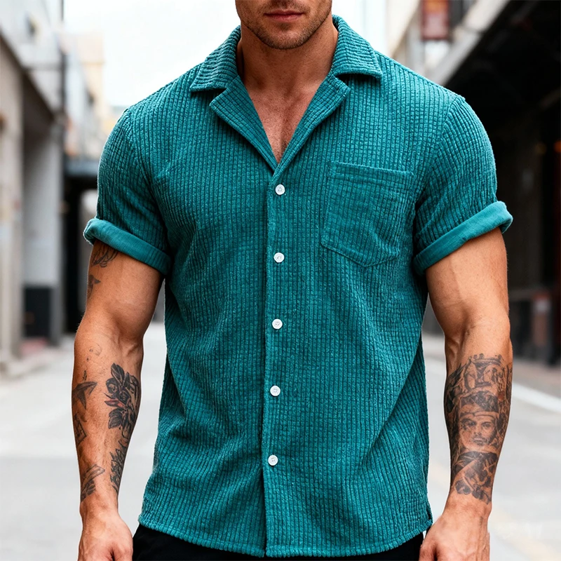Summer Clothing Men's Luxury Corduroy Plaid Short Sleeve Shirts Casual Streetwear Button-down Solid Color Breathable Vintage
