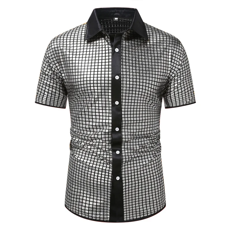 Summer New Men Short Sleeve Sequin Shirt Gold / Silver / Red Fashion Men Dance Party Bar KTV Luxury Casual Shirts - Image 2