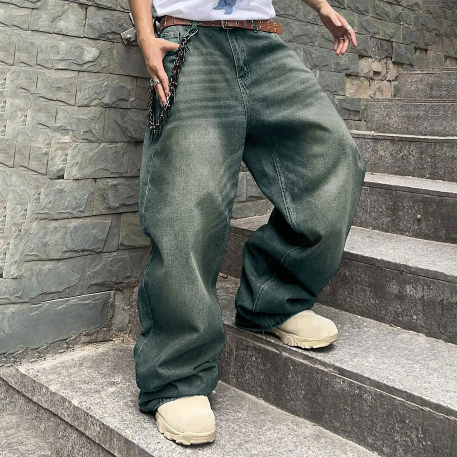 Men Baggy Denim Pants Wide Leg High Waist Belt Casual Trousers Loose Plus Size Stylish Streetwear Men's Hip Hop Streetwear - Image 5