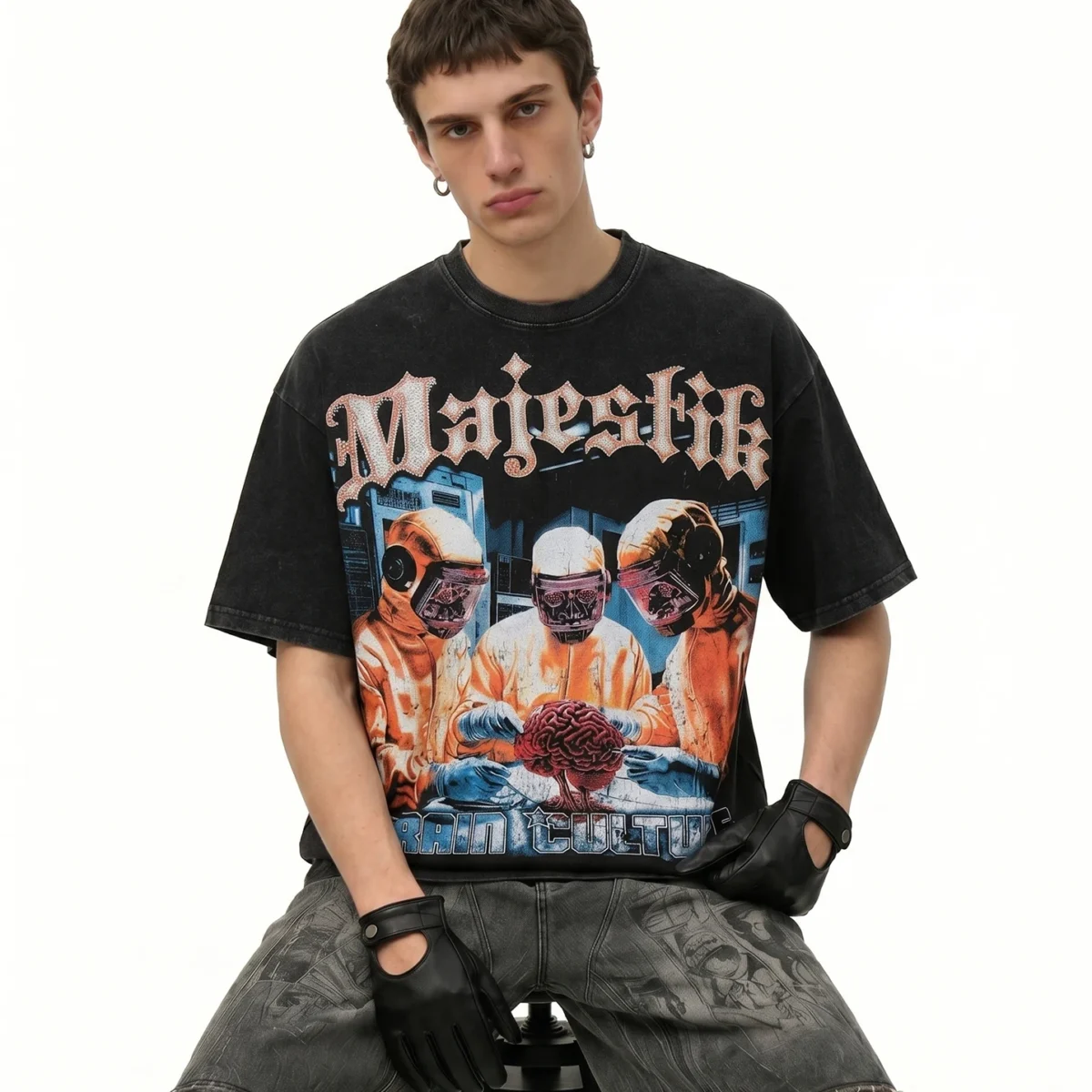 BETEBULE American High Street Printed Rhinestone Short Sleeve Men's T-shirt Summer Trendy Loose Heavy Half Sleeve Top