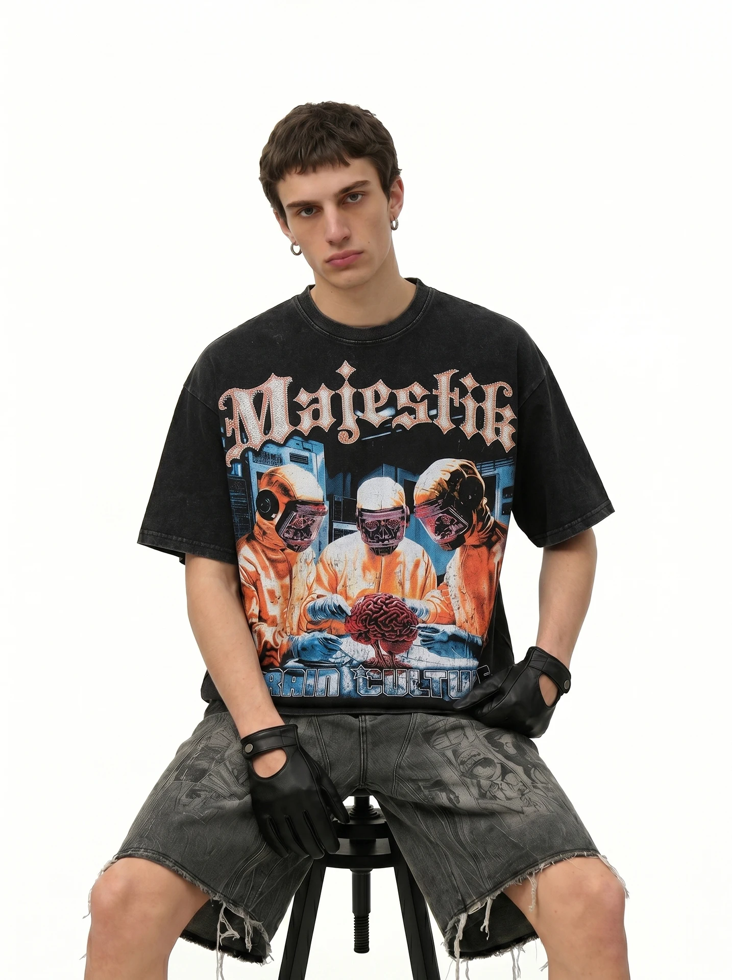 BETEBULE American High Street Printed Rhinestone Short Sleeve Men's T-shirt Summer Trendy Loose Heavy Half Sleeve Top