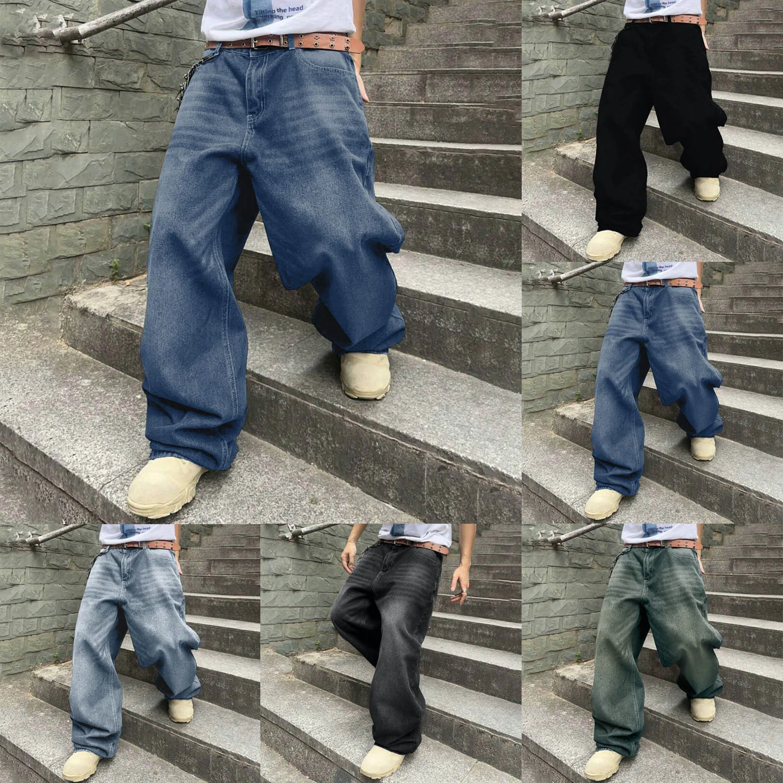 Men Baggy Denim Pants Wide Leg High Waist Belt Casual Trousers Loose Plus Size Stylish Streetwear Men's Hip Hop Streetwear - Image 3
