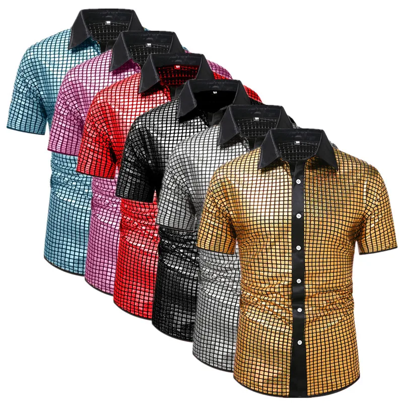Summer New Men Short Sleeve Sequin Shirt Gold / Silver / Red Fashion Men Dance Party Bar KTV Luxury Casual Shirts