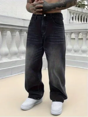 Men's loose wide-leg jeans, black washed non-stretch denim pants, multi-pocket design, suitable for daily casual wear.