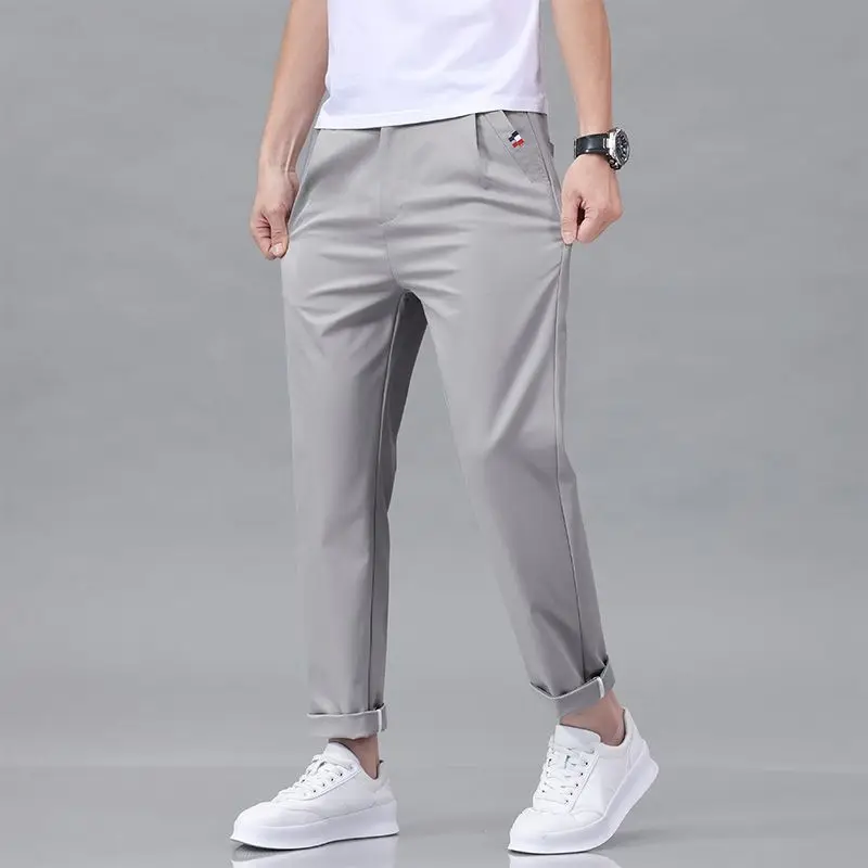 Men's Casual Pants Summer Loose Ice Silk Thin Nine-point Slim Pants New Straight