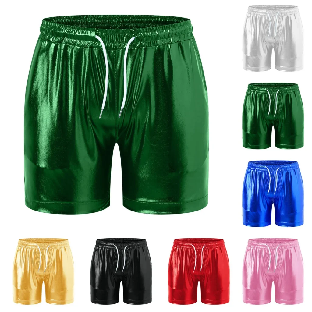Mens Summer Outfit Shinny Glossy Shorts Nightclub Disco Party Drawstring Beach Casual Short Pants Carnival Festival Costumes